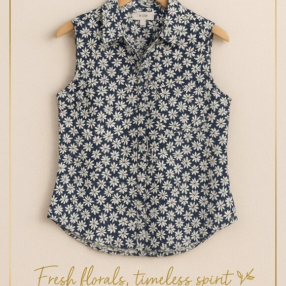 J.Crew Women’s Re-Imagined Sleeveless Floral Button-Up Top Size S | Navy Daisy P - Picture 9 of 13